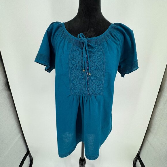 St‎ Johns Bay Y2K Peasant Top Womens Embroidered Size M Vintage Milkmaid Lace Up - Picture 3 of 7